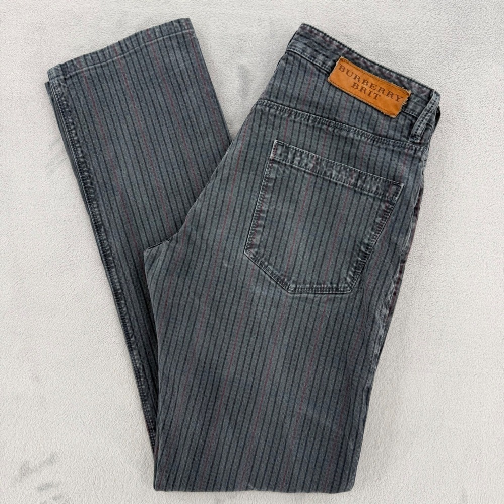 Burberry Brit Mens Jeans Size 30x31 Gray Pinstripe Denim Nova Check Button Fly